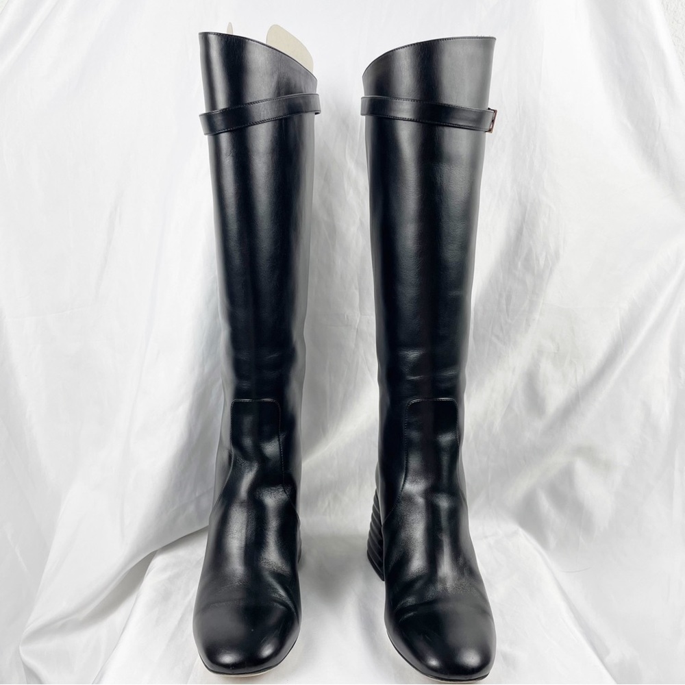Fendi Sable FF Motif Block Heel Knee High Riding Boots Black Leather EU 38.5 - Picture 3 of 9